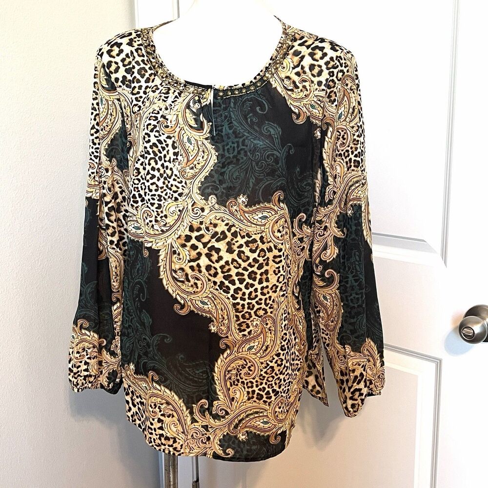 Chico's Green Gold Scarf Leopard Print Blouse Top Chicos Beaded Sz 2 Semi Sheer